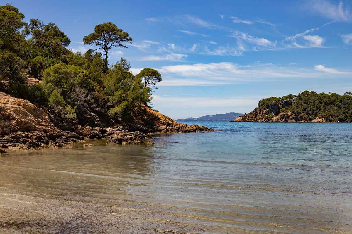 Plage rocheuse avec eau calme et végétation dense sous un ciel bleu